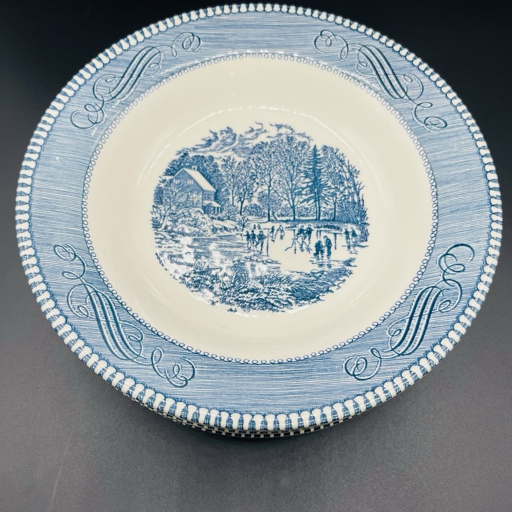 6 Currier & Ives Royal Blue 'Early Winter' Soup/Salad Bowls 8.5"